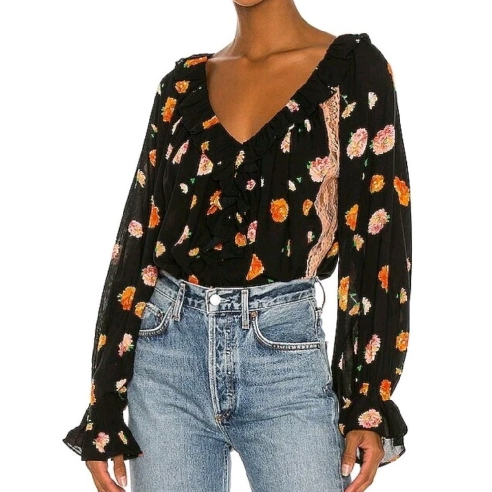 Intimately Free People Poppy Printed Lace‎ Inset Bodysuit Black Size XS